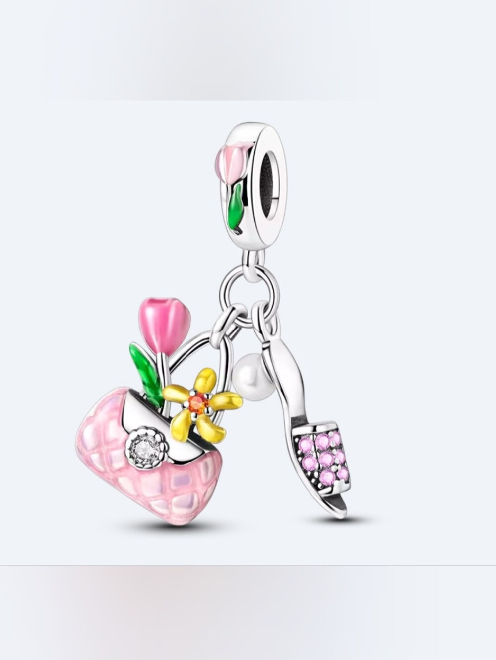 Sterling Silver Pink Floral Basket Dangle Charm